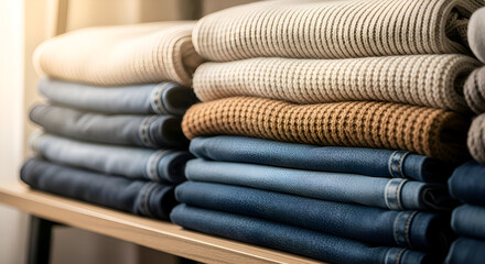 Neatly Stacked Clothing Sweaters and Jeans on a Wooden Shelf, Close-Up