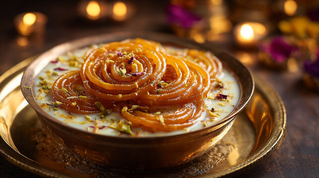 Explore delicious jalebi recipe, indian sweets, traditional dessert with rabri and pistachios garnish bowl