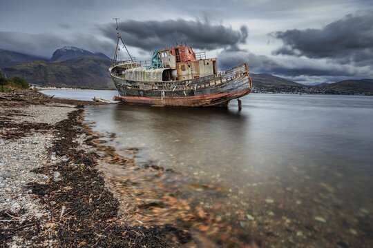 Shipwreck, coast, sea, mountains, long exposure, cloudy, autumn, Corpach Shipwreck, Corpach, Fort William, Scotland, Great Britain