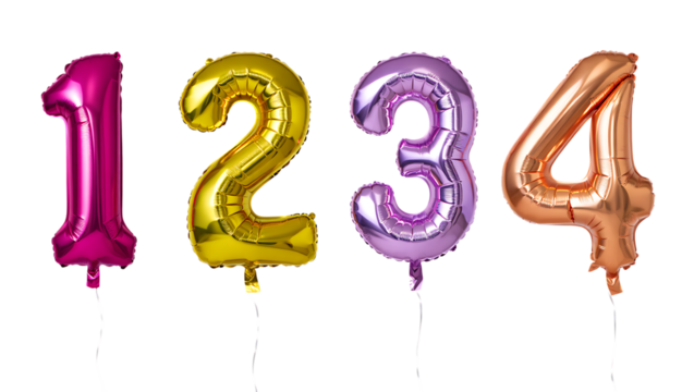 Four colorful number balloons isolated on transparent background