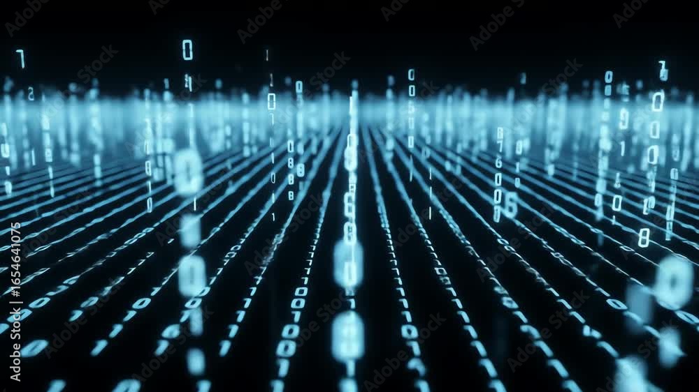 Poster abstract digital representation of binary code flowing in a futuristic, dark environment.