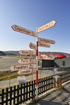 International names of capitals on signposts next to the runway, airport, Kangerlussuaq, Greenland