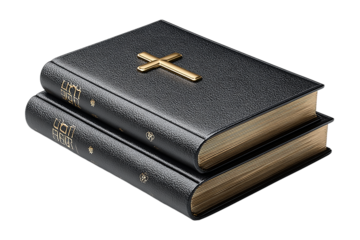 Two black books stacked with a golden cross on the top book cover isolated on transparent background