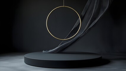 Elegant golden hoop suspended above a dark circular podium with flowing sheer fabric against a black background
