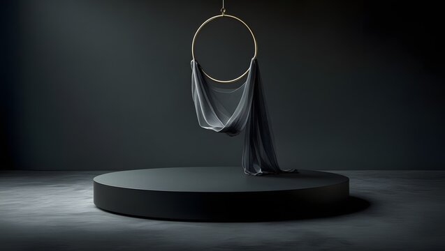 Minimalist dark studio with aerial hoop and fabric suspended over a round platform - Powered by Adobe
