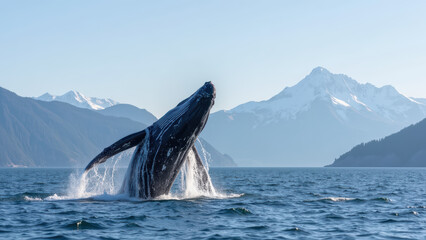 Majestic whale breaches surface of tranquil ocean, surrounded by stunning mountains and clear blue skies. scene captures beauty of nature