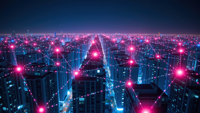 Futuristic cityscape with interconnected buildings and glowing network nodes, showcasing advanced technology and urban development - Powered by Adobe