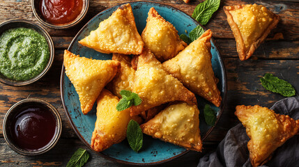 Authentic samosa recipe indian cuisine with chutney and mint garnish delicious snack food photography and presentation
