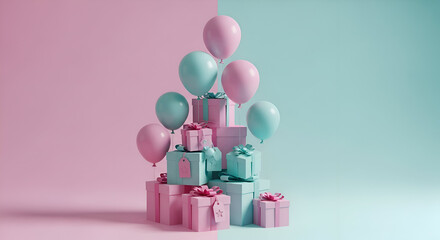 Celebratory tower of pastel pink and blue gift boxes and balloons stacked for a birthday, baby shower, or gender reveal party.
