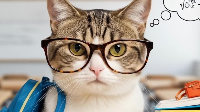 Student MEOW-THEMATICS. A funny, smart tabby cat with glasses and a backpack studying in a classroom. Humorous concept of an intelligent pet learning and going to school.