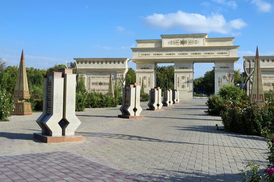 Independence Arch and row of stele, Independence Park, Shymkent, South Kazakhstan Region, Kazakhstan