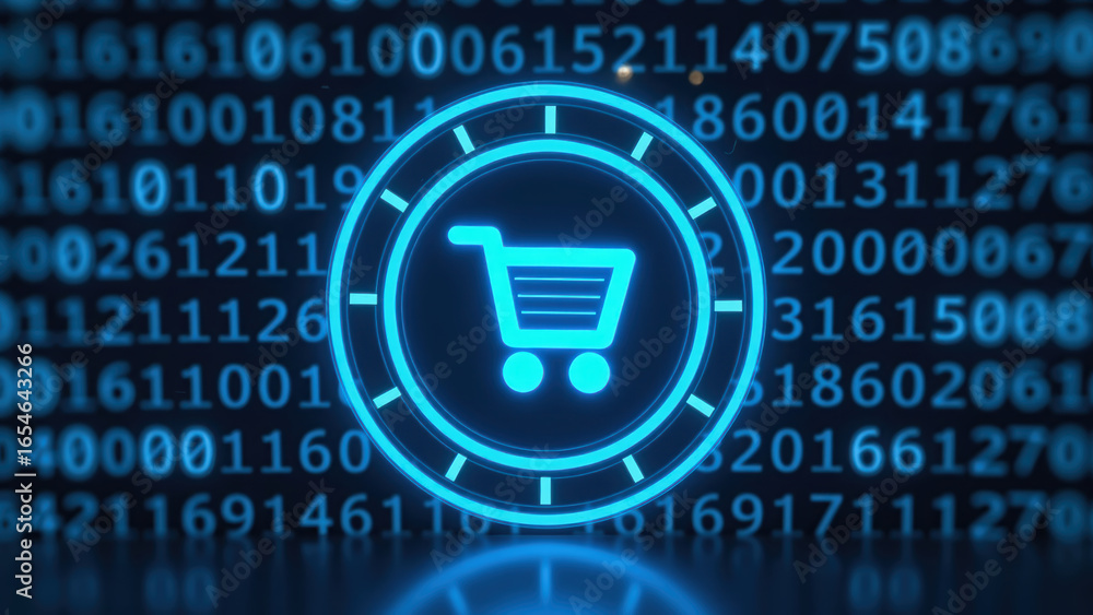 Poster digital shopping cart icon glowing in blue against backdrop of binary code, symbolizing online comme
