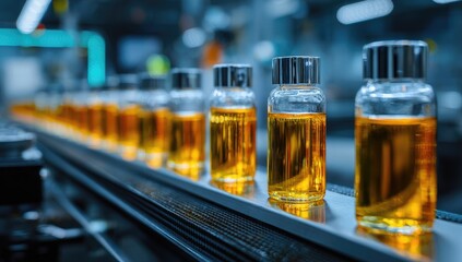 Amber liquid bottles on conveyor belt in factory