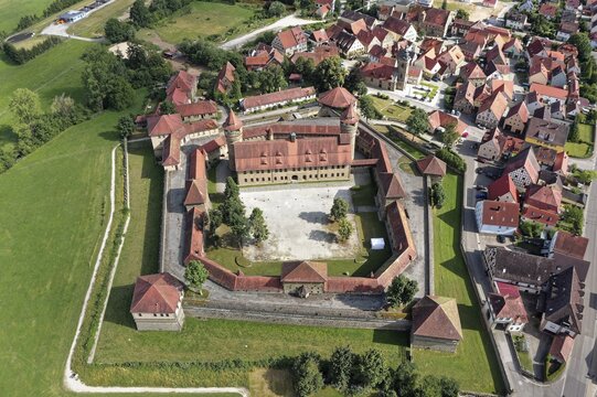 Aerial view, Lichtenau Fortress, behind Markt Lichtenau, Ansbach County, Central Franconia, Franconia Bavaria, Germany