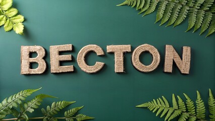 Textured letters crafted from natural fibers lay flat on a dark green background. Green fern leaves frame the rustic alphabet, creating an organic display.