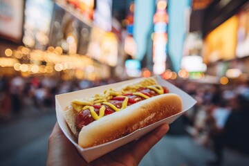 Close up of hand holding hot dog  on city blurred background.