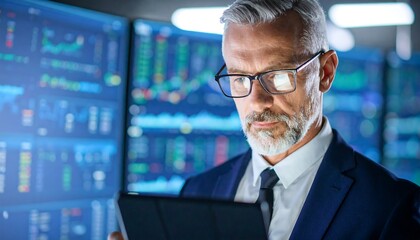 A focused businessman examines financial data on a tablet in a modern trading room.
