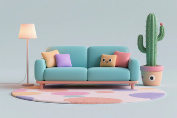 3D cartoon living room sofa, coffee table, floor lamp and potted plant scene design
