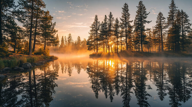 Lake reflection landscape scenic morning sunrise trees fog nature travel photography background wallpaper desktop hd