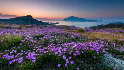Fototapeta premium A panoramic view of a field of purple wildflowers at sunrise over a bay