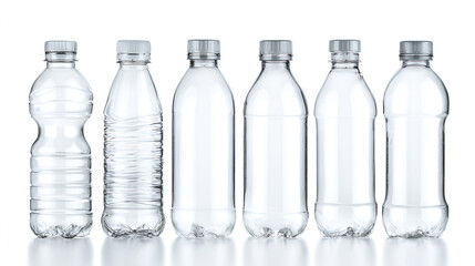 Six empty plastic water bottles various sizes and shapes on white background