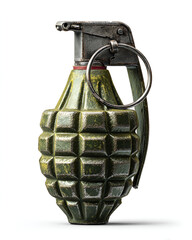 A weathered green hand grenade isolated on white background showing detail of its textured surface and metal fuse