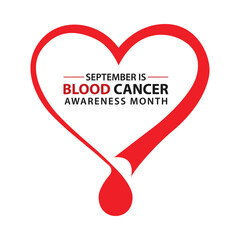 September is Blood Cancer Awareness Month. A red awareness ribbon in the shape of a heart with a drop of blood. 