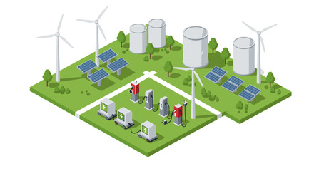 Renewable energy isometric design with solar panels, wind turbines, and ev chargers