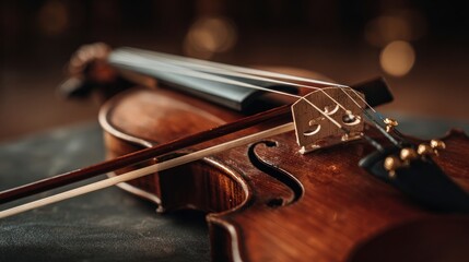Fototapeta premium Closeup violin on dark wooden surface
