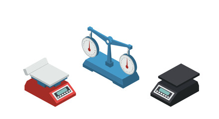 Isometric kitchen and balance scales collection in 3d design