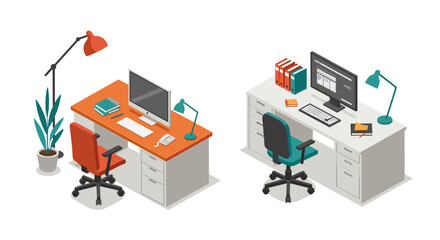 Modern office workspace with isometric desks and chairs