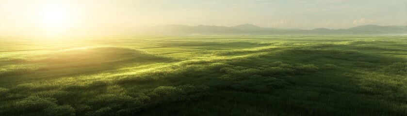 Obraz premium A vast open grassy field basks in the warm golden light of a brilliantly shining sun creating a serene and tranquil natural landscape perfect for evoking feelings of peace
