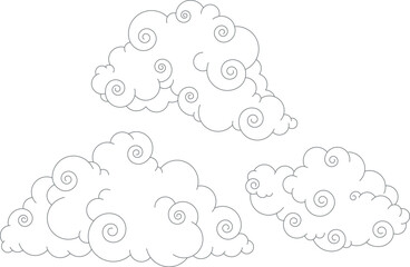 Magic curly clouds outline vector illustration. Chinese cartoon decorative sky set. Hand drawn clip art celestial doodle cumulus clouds in Asian style. Black blue Japanese clouds with spiral swirls