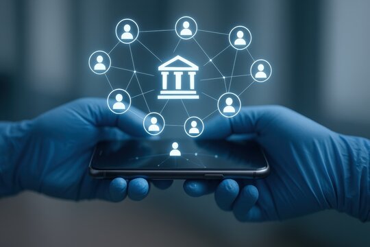 Digital Finance Network: A futuristic image depicts gloved hands holding a smart device, overlaid with a digital banking network, illustrating modern financial connectivity.