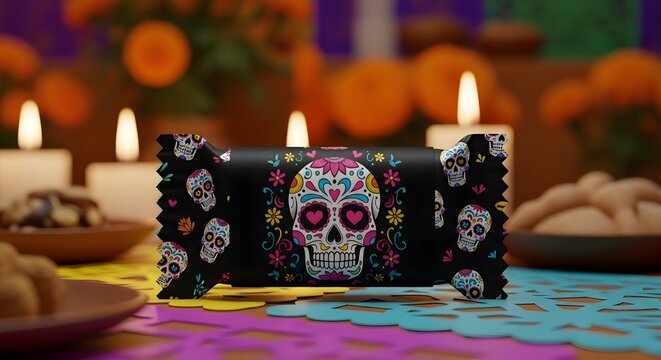 Photo of mexican day of the dead candy with skull design, candles, and marigolds