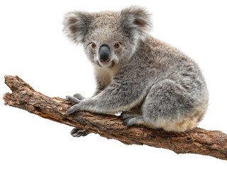 Fototapeta premium Koala sitting on branch, isolated on white background