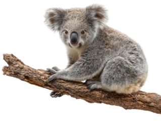  Koala sitting on branch, isolated on white background