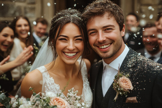 Bride and groom showered with confetti.