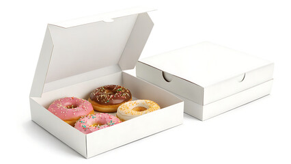 An open white box filled with assorted donuts, isolated on white background, showcases a delightful assortment of sweet treats, alongside a closed box