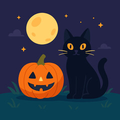 Halloween Black Cat and Jack-o'-lantern Night Scene