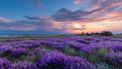 Sunset over a vibrant purple flower field