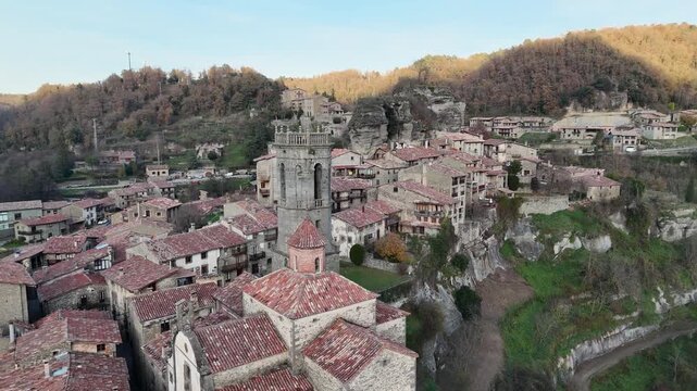 Aerial View Historic Mountain Village Rupit Spain Dawn