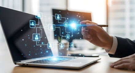 interact with the glowing network, suggesting the management of a digital community or professional connections.