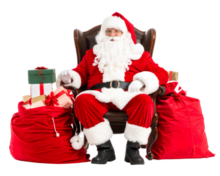 A realistic Santa Claus sitting in his chair next to a sack of gifts on a transparent background, cutout as a PNG - Powered by Adobe