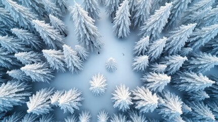 Snowy Forest Aerial View of Frost Covered Pine Trees in Winter
