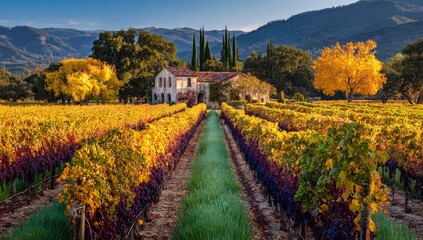 Fototapeta premium Autumn vineyard landscape with farmhouse