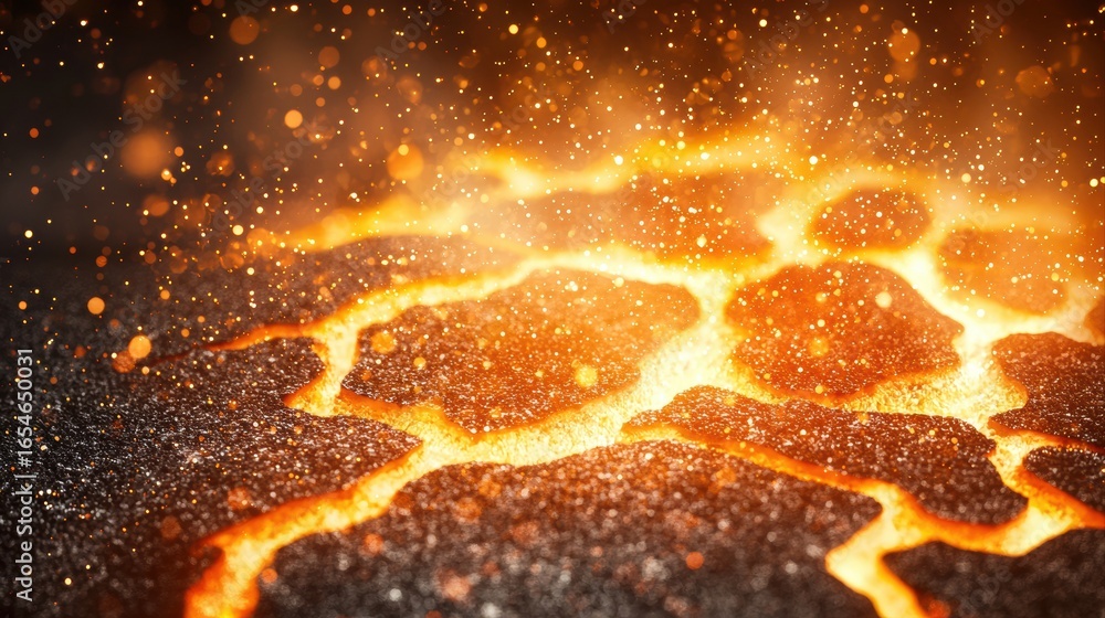 Poster fiery lava flow texture with glowing cracks and fiery particles in mysterious landscape scene