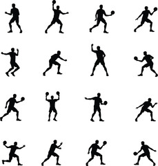 Silhouettes of men playing handball diverse actions