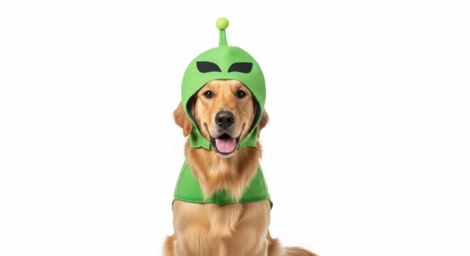 dog dressed in a green alien costume, Funny extraterrestrial Halloween costume, white background