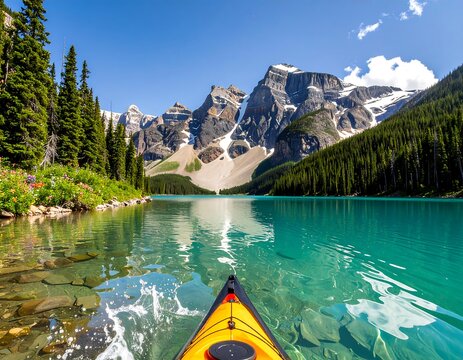 Kayaking adventure on the turquoise waters of Moraine Lake in the Canadian Rockies